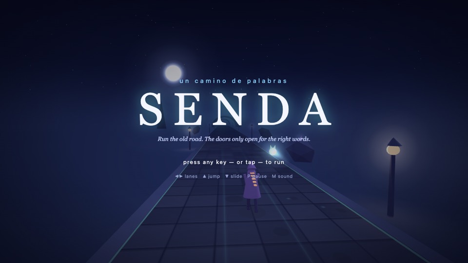 Senda title screen: a runner on a glowing tiled road at night with lamp posts