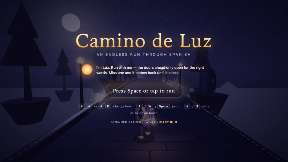Camino de Luz title screen: a hooded runner on a stone road under a purple night sky, a lantern spirit next to them
